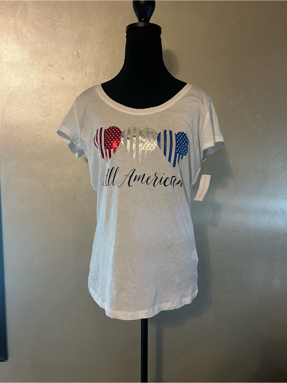 New York & Company White Tee with Red, Silver, and Blue Heart Flags